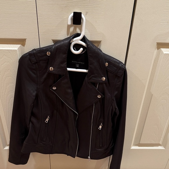 Banana Republic Women's Dark Leather Jacket with Silver Details - Picture 1 of 5